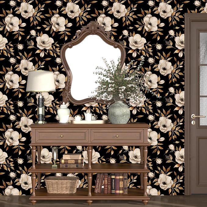 Black Floral Peel and Stick Wallpaper Gold Flowers Contact Paper Self-Adhesive Waterproof Vintage Dark Floral Wall Paper for Bedroom Shelf Liner Cabinet Stair 17.5"x118"