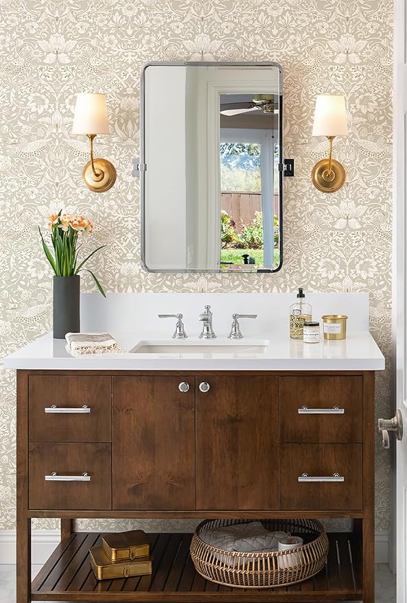 17.7x394in Vintage Floral Wallpaper Peel and Stick William Morris Wallpaper Neutral Strawberry Bird Botanical Self Adhesive Removable Waterproof Contact Paper for Living Room Bedroom Bathroom