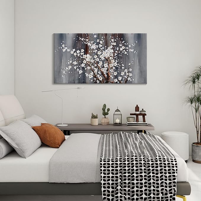 AJAZIKO Wall Art for Living Room Large Modern Wall Decor Canvas Paintings for Wall Decorations White Flower Brown Bedroom Office Artwork Plum Blossom Art Prints Framed