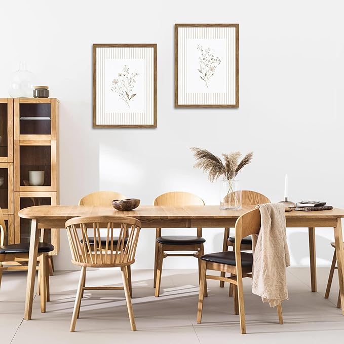 Neutral Wildflower Wall Art Set of 2, Vintage Flower Botanical Wall Decor Painting, Rustic Cottagecore Striped Floral Prints Pictures for Living Room Bedroom 12x16 Inch Framed