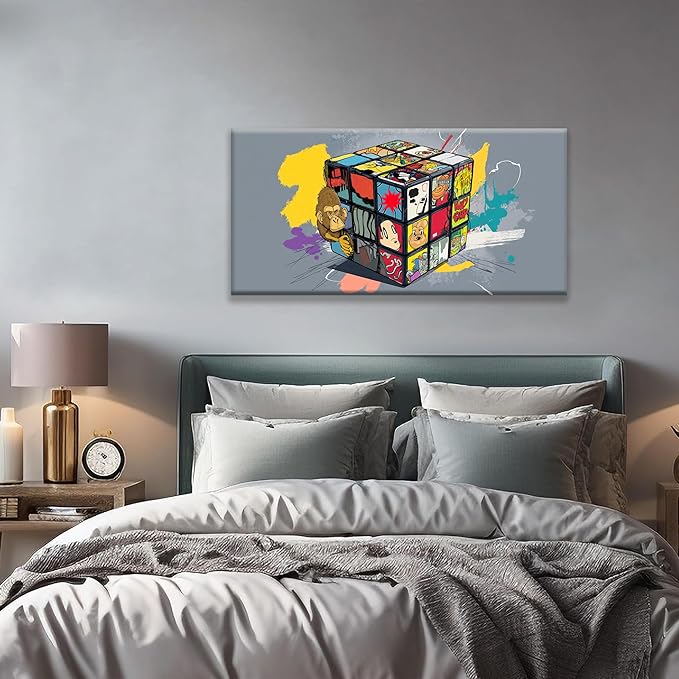 Abstract Wall Art Modern Abstract Wall Decor Multicolor Graffiti Cube Canvas Art Wall Decor Painting Picture For Bedroom Office Home Wall Decoration Artwork 20"X 40"Ready To Hang