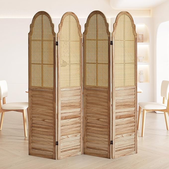 4 Panel Rattan Room Divider, 6 FT Tall Portable Partition Solid Wood Frame Folding Privacy Screen, Partition Room Divider Ideal for Bedroom Living Room Office, Light Brown
