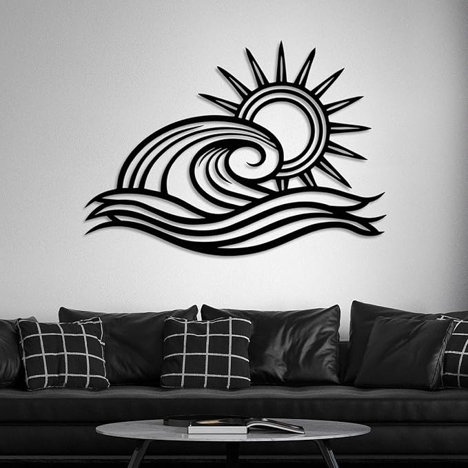 Wita Home Ocean Wave Metal Wall Art, Sun Beach Decor, Coastal Large Wall Sculpture for Home, Indoor/Outdoor Use, Nautical Wall Hanging, Eye-Catching Addition to Living Room (Gold, 24 x 14 inches)