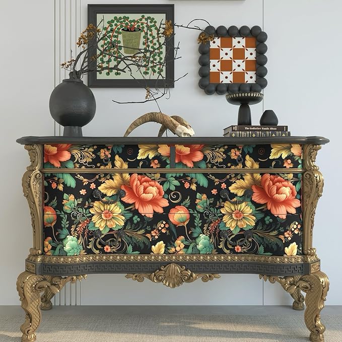 Colorful Floral Peel and Stick Wallpaper Boho Vibrant Contact Paper Stick Peel Cabinet Vintage Wallpaper for Bedroom Bathroom Wall Removable Black 17.5 x 393.5In