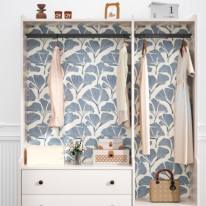 Blue Leaf Wallpaper Boho Peel and Stick Wallpaper Blue Leaf Vintage Contact Paper Beige Floral Wall Paper Removable Wallpaper Self Adhesive for Cabinet Drawers Wall Decor 17.5''x393''