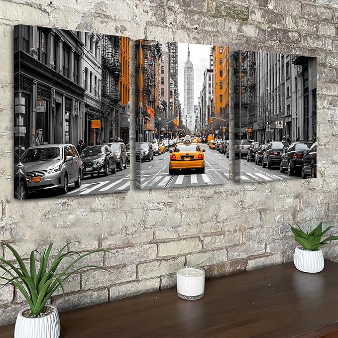 New York City Wall Art Black and White USA Street Poster Urban Yellow Taxi Car Wall Decor Building Picture Modern NYC Scenenry Panorama Artwork for Living Room Bedroom Office Home Decoration 12x16" 3P
