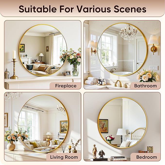 Antok Wall Mirror, 24"x24" Bathroom Vanity Mirror, Anti-Rust HD Tempered Glass, Wall Mounted Mirrors for Living Room, Entryway, Gold Frame, Round