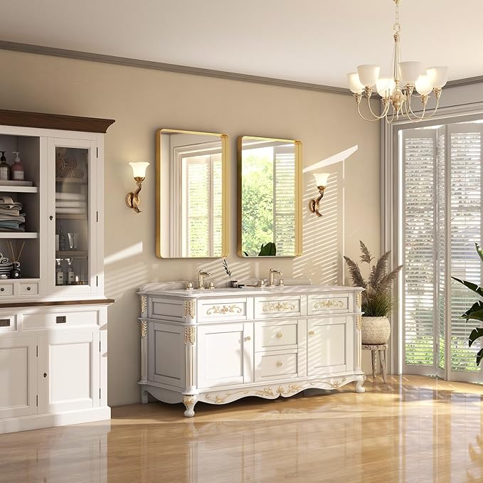 36 x 24 Inch Gold Bathroom Mirror for Wall,Aluminum Alloy Frame Rectangular Wall Mounted Mirror for Farmhouse Decor Horizontal or Vertical Ideal for Bedroom, Living Room