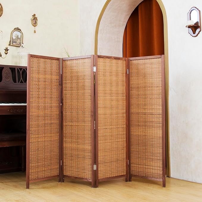 4 Panel Short Room Divider Folding Screen,47 inch Bamboo Panel Divider for Home Partition,Brown