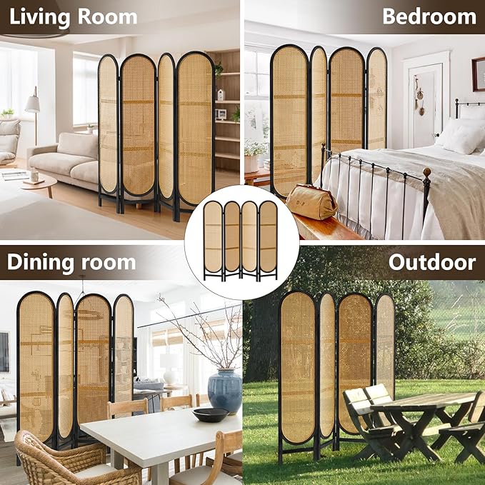 4 Panels Room Dividers and Hand-Woven Rattan Room Divider Wall, Wood Room Divider Folding Privacy Screens for Home Office Bedroom, Black