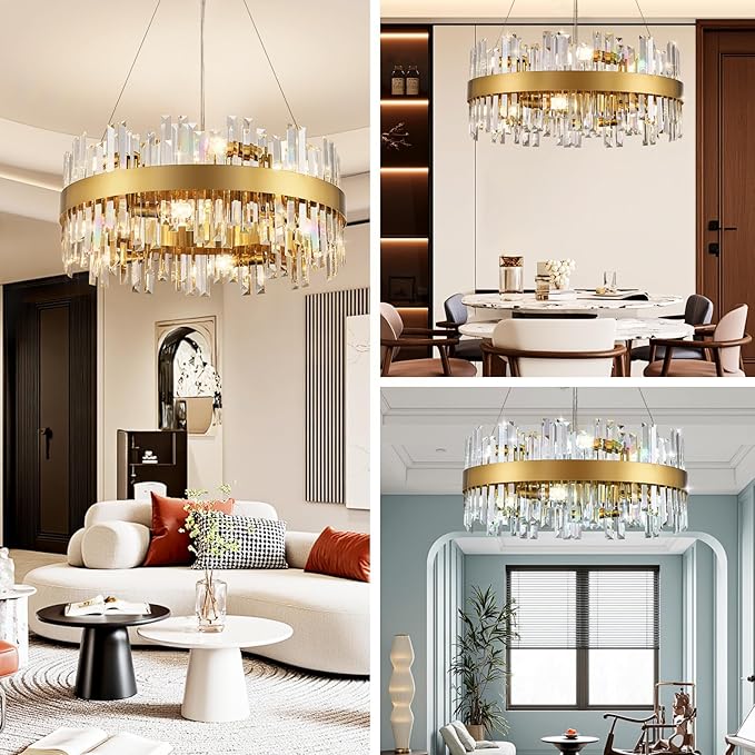 24'' Modern Gold Crystal Chandeliers, 12-Lights K9 Crystal Luxury Raindrop Chandelier Light Fixture,3 Colors Contemporary Pendant Ceiling Light for Dining Room Living Room Entryway Foyer