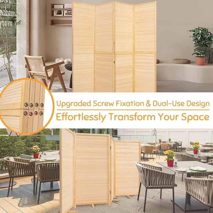 Bamboo Room Divider Folding Privacy Screens, Wall Divider for Room Separation, Portable Room Partitions and Dividers, 5.6FT Bamboo Mesh Woven Room Divider Panel (Beige, 4 Panel)