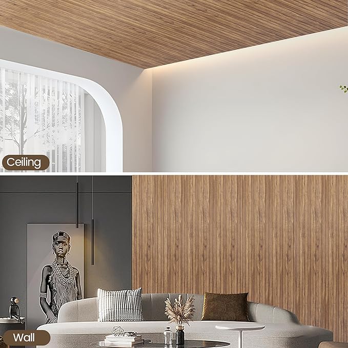KASARO 3D Faux Wood Wall Panels - 16 Pack (47.2"x4.8") Fluted Slat Paneling for Walls & Ceilings, Adhesive or Nail Install, Waterproof Textured Decor - Living Room, Bedroom, Natural