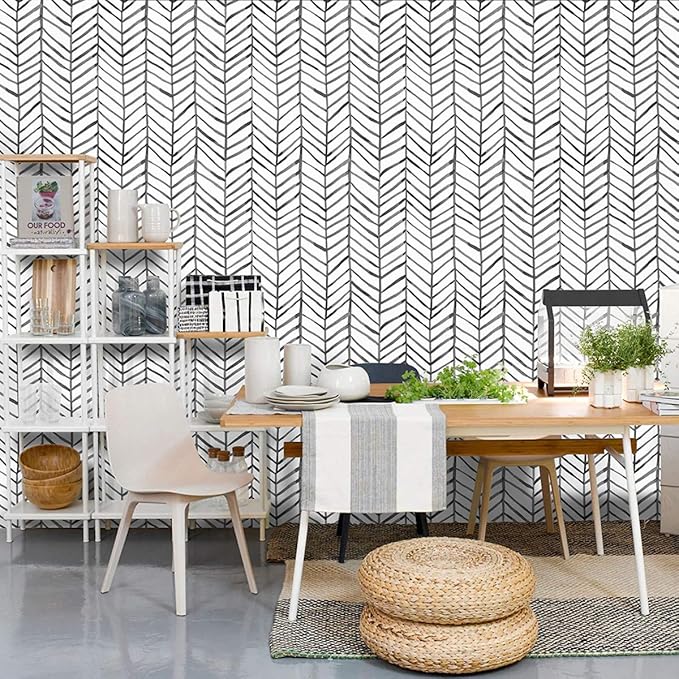 MulYeeh 17.5'' x 314'' Adhesive Peel and Stick Paper Herringbone Black White Wallpaper Removable Wall Covering Prepasted Decorative