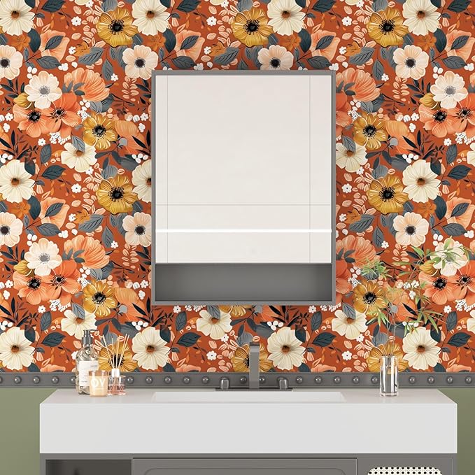 Orange Wallpaper Peel and Stick Retro Floral Contact Paper Self Adhesive Removable Waterproof Easy Peel Off Wall Paper Stick on Bedroom Cabinet Renter Friendly 17.5 x 118In