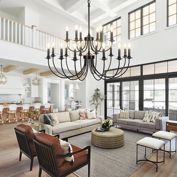 18-Light 2-Tier Black Farmhouse Vintage Chandelier, Retro Farmhouse Country Style Industrial Large Round Pendant Light Fixture