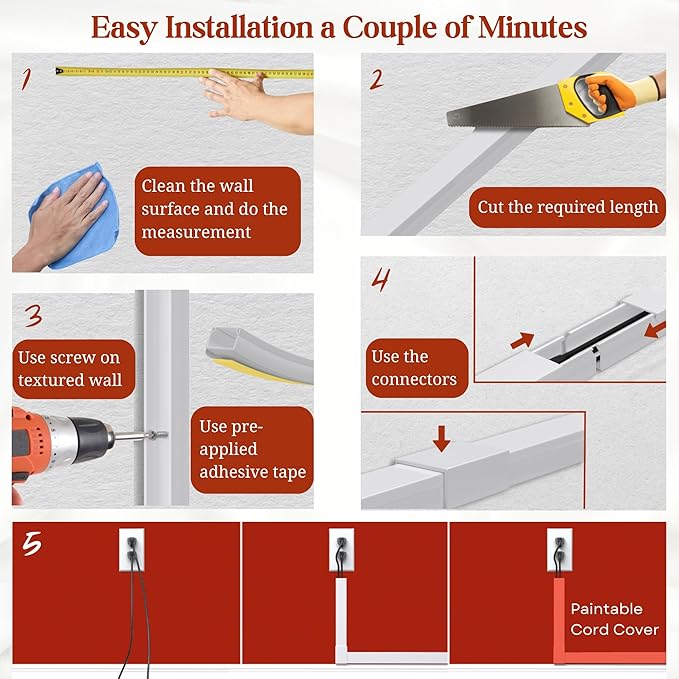 Brown Channel Kit Hide Wires - 157in Cord Concealer, Hide Along Walls, Extension Cord Safety Cover, TV Wall Wire Hiders
