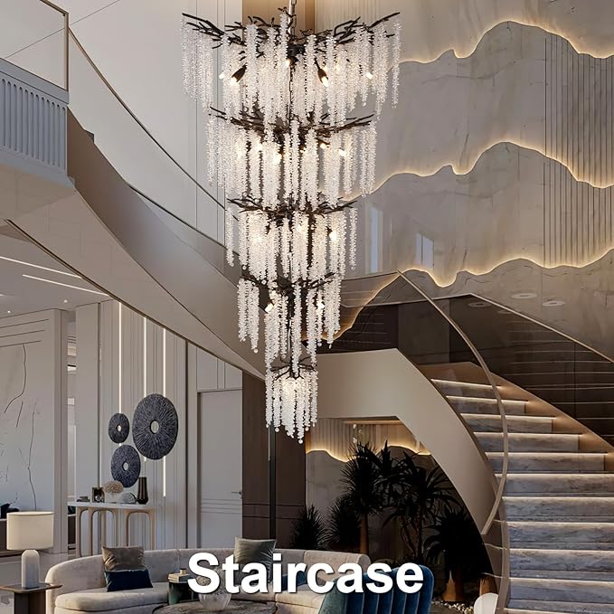 118'' Black Branch High Ceiling Chandelier, 28-Light Modern Long Tree Chandeliers, 3CCT Dimmable, Large Luxury Foyer Chandelier, Raindrop K9 Crystals Fixtures for Staircase, Entryway, Living Room