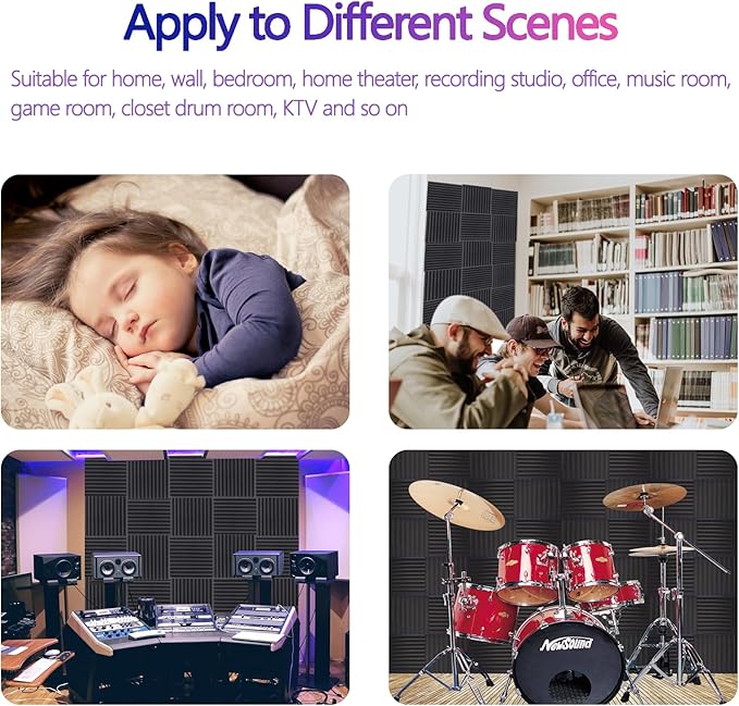 Acoustic Foam Panels 12 Pack 2" x 12"x 12" Saiqiang Soundproofing for Wall Noise Absorbing Sound-Damping Black Sound Insulation Wedges Fire-Resistant Sound Proof for Studio, Office, Gaming Room