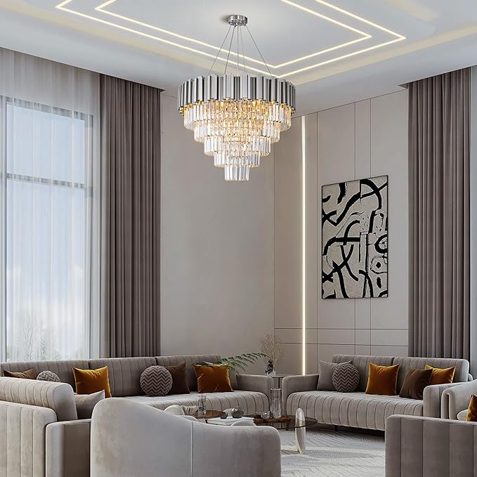 5-Tier 27.5" Silver Chandelier, 9-Light Modern Crystal Chandelier, Luxury Round K9 Crystal Chandeliers Light Fixture for Dining Room, Living Room, Bedroom, Foyer, Entryway, Kitchen, Restaurant