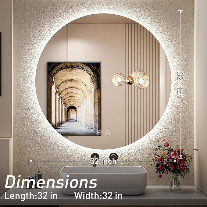 32 Inch LED Backlit Round Mirror for Vanity,Dimmable Lighted Bathroom 6000K Wall Mounted Mirror with Lights,Anti-Fog, Touch Switch and CRI 90+