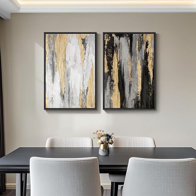 Large Framed Modern Abstract Wall Art Set of 2, Canvas Prints Paintings Artwork for Walls, Black White Grey Gold Pictures Wall Decor for Living Room, Dining Room, Bedroom, and Office