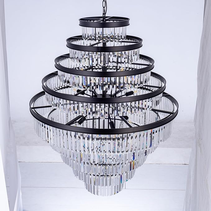 Wellmet Extra Large Crystal Chandelier, Black 9-Tier Luxury Crystal Chandelier, for Living Room, Dining Room, Porch, Entryway, Hallway, Restaurant, 31''W