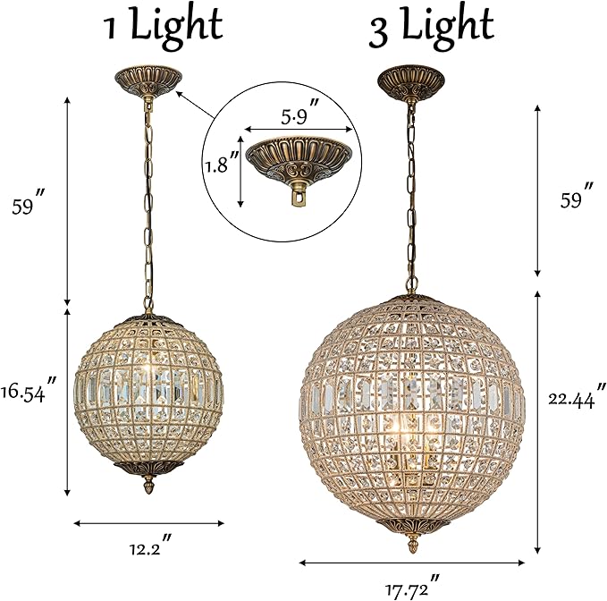 ALOADECOR 3-Light 18'' Vintage French Handcrafted Antique Gold Globe Crystal Chandelier Ornate Sphere Pendant Light Retro Cage-Style Shade with K9 Crystal Beads for Dining Room (3 Light/W18)