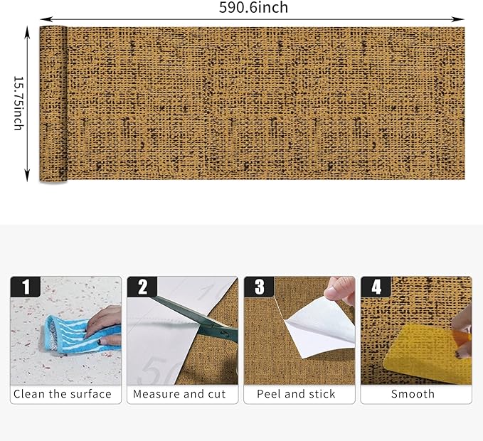 15.75"x590.6" Brown Wallpaper Peel and Stick Removable Grasscloth Textured Wall Paper Self Adhesive Cabinets Drawers Bookshelves Vintage Contact Paper Thickened Waterproof Faux Linen Vinyl Roll