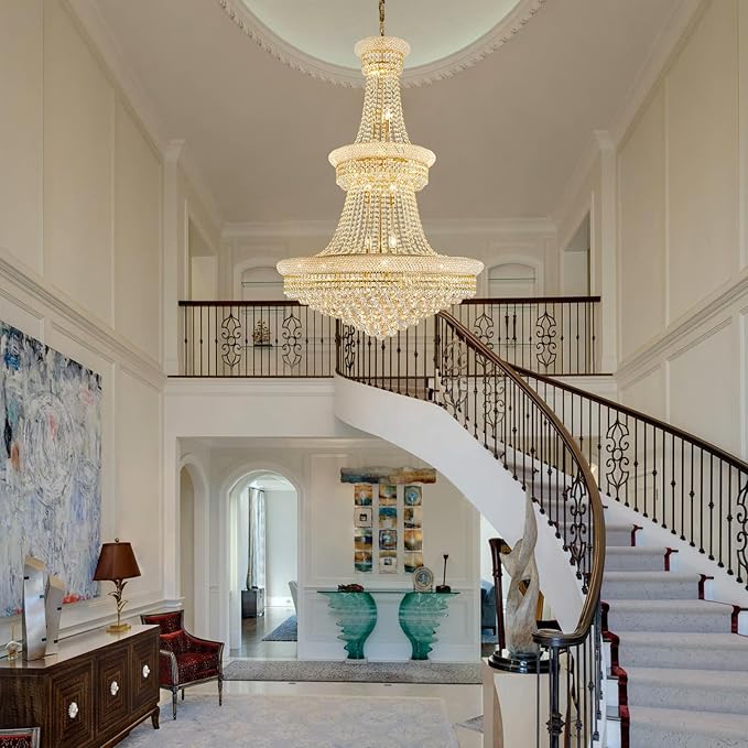 19-Lights Gold Large Crystal Chandelier Light Fixture, 3-Layer Luxury Empire Chandeliers Modern High Ceiling Hanging Chandelier for Living Room,Foyer,Staircase,Entryway (Gold,D31.5 x H47)