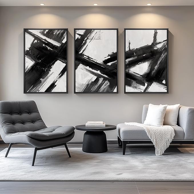 Large Framed Black and White Abstract Canvas Wall Art for Living Room, 3 Piece Modern Prints Paintings Artwork for Walls, Minimalist Abstract Brushstroke Pictures for Hallway Dining Office Wall Decor 24x36 Inch