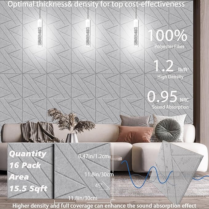 16 Pack Self-Adhesive Soundproof Wall Panels, 12 x 12 x 0.47 in Sound Proof Foam Panels for Walls, 1.2lb/ft³ High Density, Thicker 0.47in, Acoustic Panels, Noise Dampening Panels Studio Gray