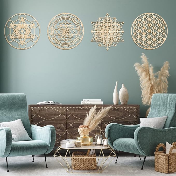 Leinuosen 4 Pcs 12 Inch Crystal Grid Board Sacred Geometric Wall Art Set Metatron Cube, Flower of Life, Sri Yantra, 64 Star Tetrahedron Pagan Decor Home Wall Decor for Room (Wood Color)