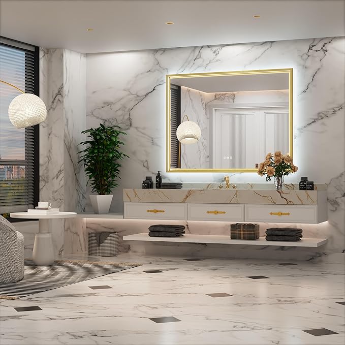 40x30 Inch Gold LED Bathroom Mirror with Front and Back Lights, Adjustable 3000K/4500K/6000K, Framed Lighted Bathroom Vanity Mirror, Dimmable, Anti-Fog, Horizontal/Vertical