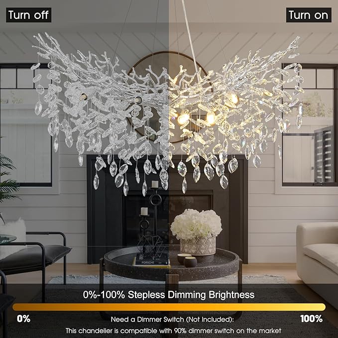 36inch Crystal Rectangle Chandelier for Dining Room, Silver Tree Branch Chandeliers Over Table, Top K9 Crystal Modern Chandeliers for Dining Table,Kitchen Island,Luxury Rectangular Chandelier