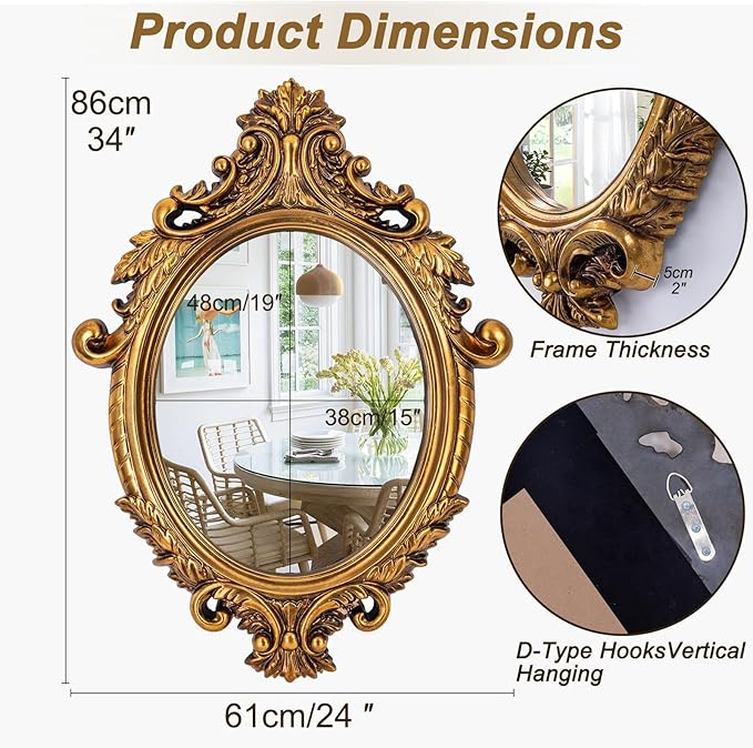 Vintage Gold Mirror, 24'' x 34'' Decorative Mirror for Living Room with Baroque Framed, Antique Wall Mirrors for Dining Room Bathroom Fireplace Entryway