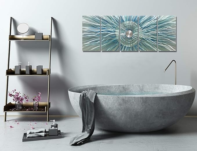 BATRENDY ARTS Abstract Metal Wall Art Aqua and Silver Aluminium Painting Modern 3D Teal Sculpture for Livingroom Bedroom