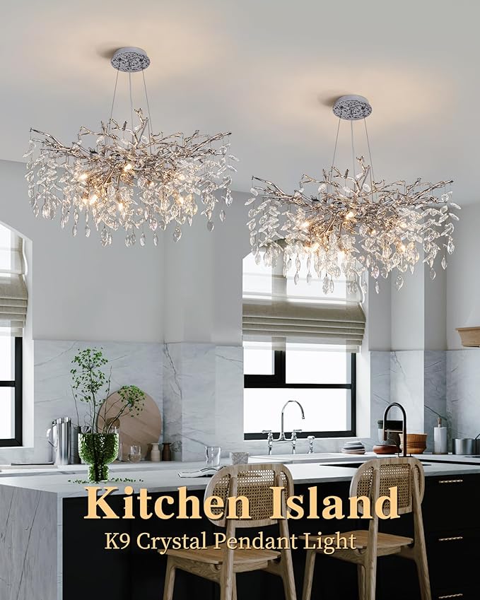 Modern Tree Branch Crystal Chandelier Luxury Silver Crystal Pendant Lighting 30" Contemporary 10-Light Chandeliers for Dining Room Kitchen Bedroom Living Room