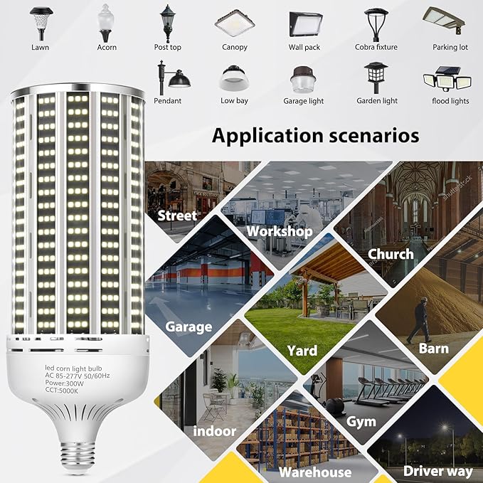 300W 2 Pack LED Corn Light Bulb,3000W Equivalent Commercial Grade 43500LM Daylight 5000K E26/E39 Medium Mogul Base LED Lamp,Large Area Lights for Outdoor Indoor Garage Warehouse Gym Bay Light