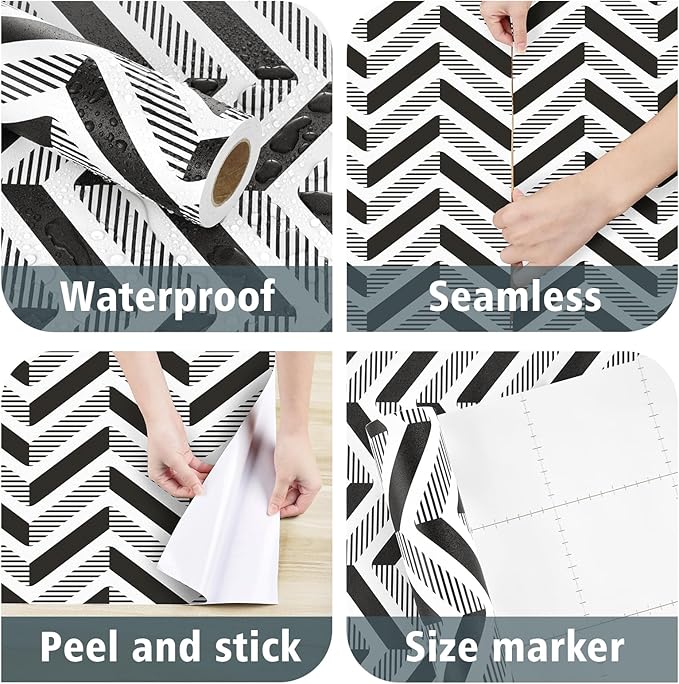 Black and White Peel and Stick Wallpaper Herringbone Geometric Wallpaper Modern Boho Geometric Contact Paper Self Adhesive for Bedroom Living Room Accent Wall Cabinets Drawers 17.5" x120"