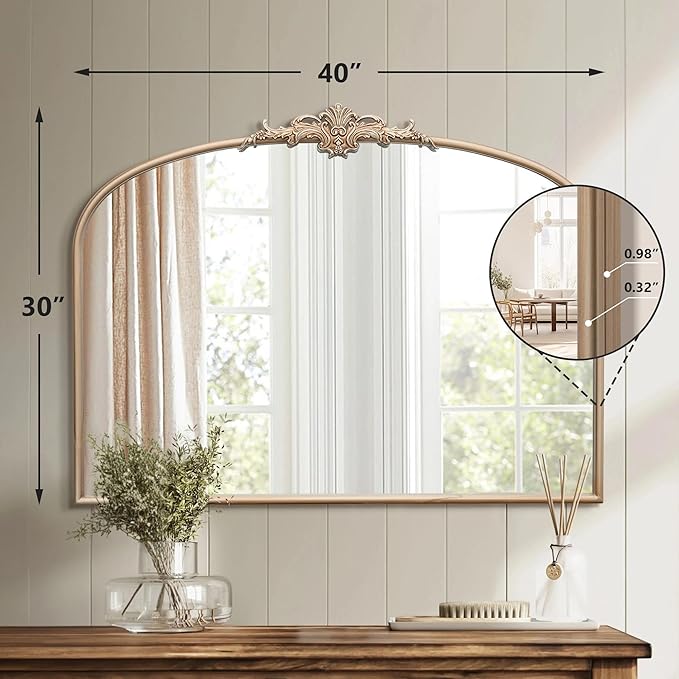 Arched Vintage Gold Mirror: 40"x30" Large Champagne Gold Antique Wall Mounted Mirror - Baroque Traditional Ornate for Fireplace/Bathroom/Living Room - Home Decor for Housewife