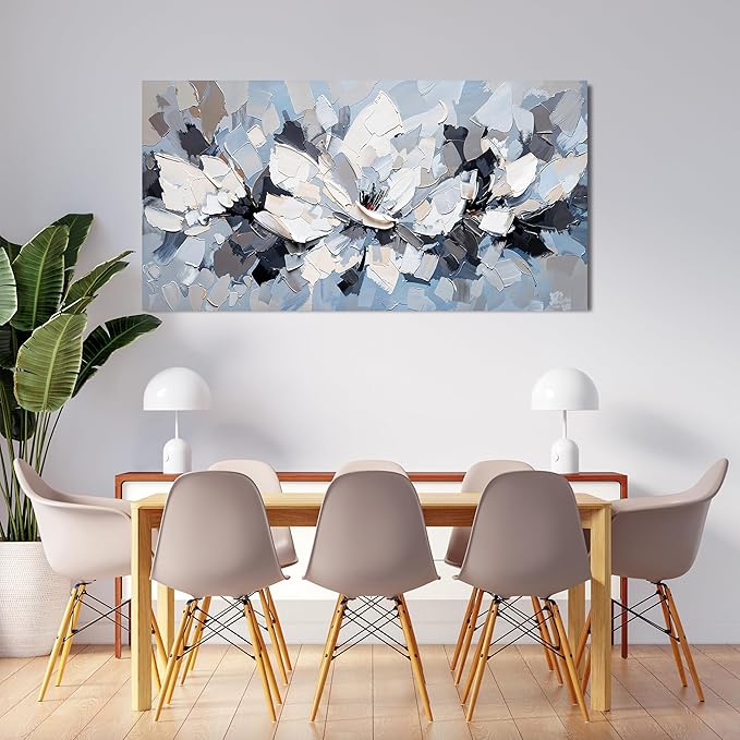 Canvas Wall Art Decor Modern White Wall Art for Living Room Abstract Canvas Art Wall Decor Flower Pictures Abstract Blue Wall Art Prints Artwork for Walls Bedroom Office Home Decor 20" X 40"