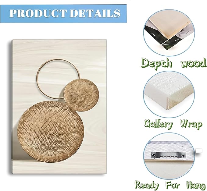 3 Pcs Abstract Gold Geometric Boho Canvas Wall Art Mid Century Modern Minimalist Aesthetic Luxury Metal Artwork Pictures Wall Decor Posters Prints for Living room Bedroom Office Home Decoration