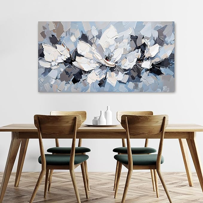 Abstract Canvas Wall Art Decor Modern White Wall Art for Living Room Abstract Canvas Art Wall Decor Flower Pictures Large Blue Wall Art Prints Artwork for Walls Bedroom Office Decor 24" X 48"