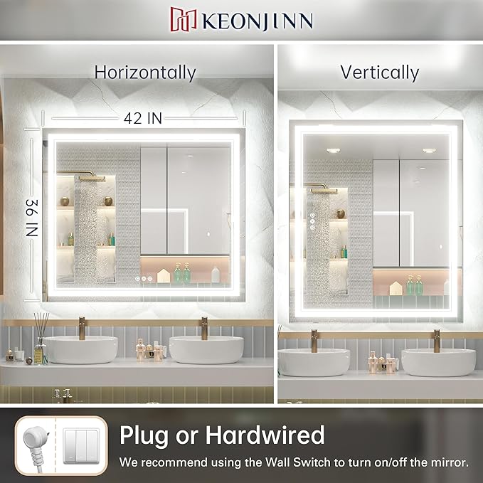 Keonjinn Bathroom LED Mirror 42 x 36 Inch Frontlit and Backlit, Stepless 3 Colors Temperature & Dimmable Tempered Glass Mirror, UL Listed LED Driver, Double LED Strips, Anti-Fog Lighted Vanity Mirror