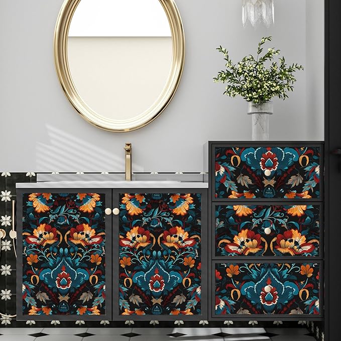 Black Floral Peel and Stick Wallpaper Boho Leaf Contact Paper Red Flower Removable Self Adhesive Waterproof Wall Paper for Cabinet Drawers Wall Decor Renter Friendly 17.5''x118.1''