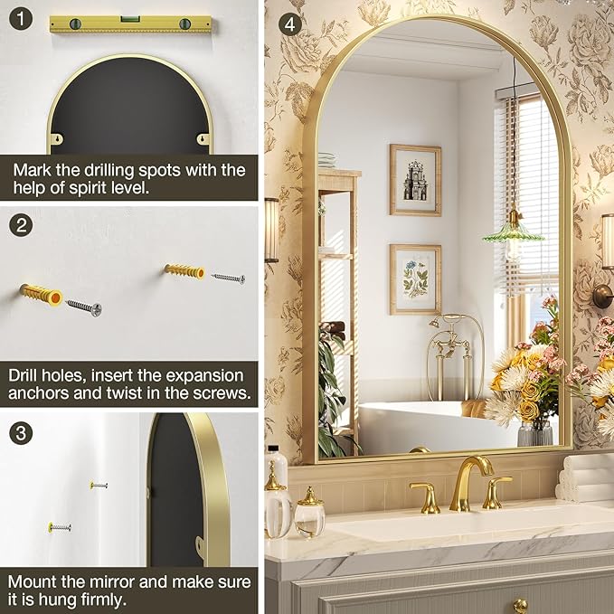 Brightify Arched Wall Mirror, 26 x 38 Inch, Gold Metal Frame, HD Silver, Bathroom, Living Room, Wall Mount