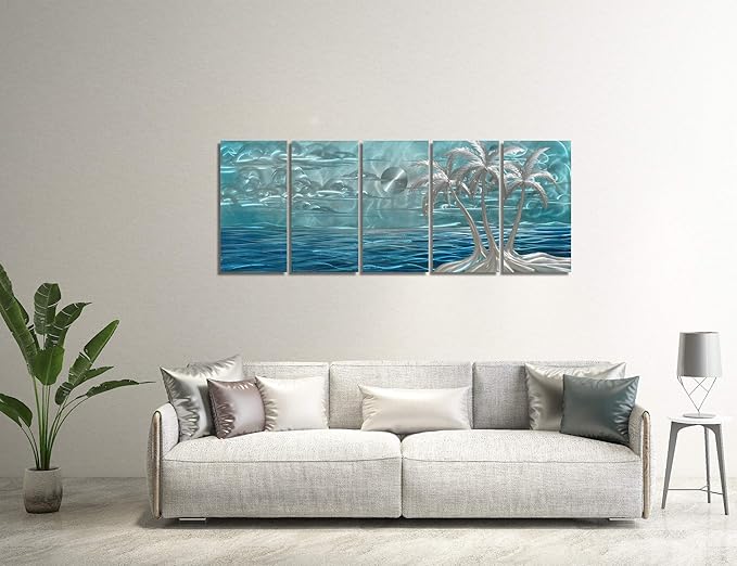 BATRENDY ARTS Modern Beach Metal Wall Art Decor 3D Silver Coconut Palm on the Shores of Hawaii Blue Coast Hanging Sculptures Outdoor or Indoor Tree Decorations