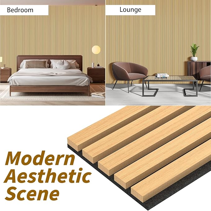4-Piece Acoustic Wood Wall Panels for Wall and Ceiling, 3D Fluted Soundproof Wood Slat Wall Panels for Interior Wall Decor, 94.5" x 7.9"-Light Walnut