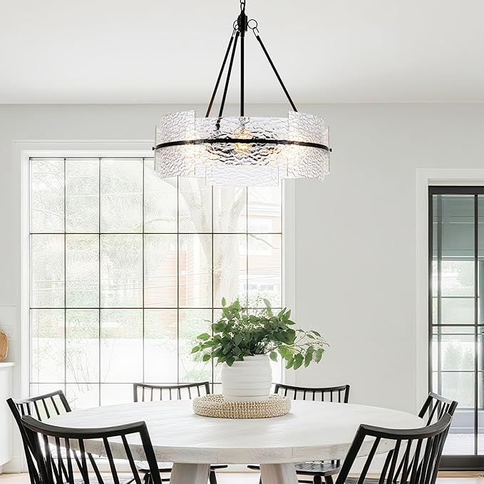 MAYNA Modern Dining Room Chandelier 22.2” Black Textured Glass Chandelier Luxury Drum Crystal Light Fixture Farmhouse Round Hanging Lighting for Dining Room Kitchen Island Living Room Hallway Bedroom